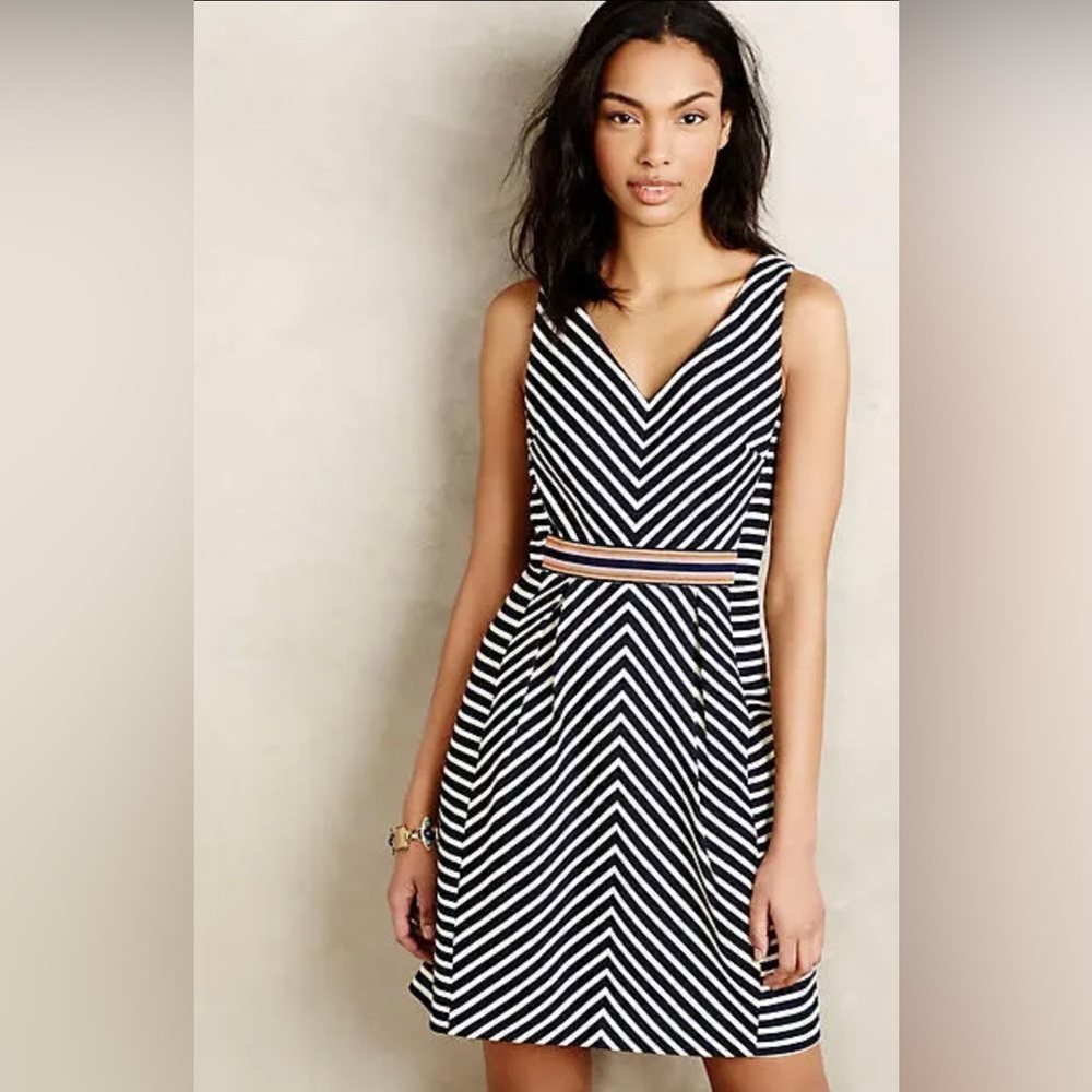 Anthropologie Maeve Mitred Navy White Stripe Textured Sleeveless Dress Nautical